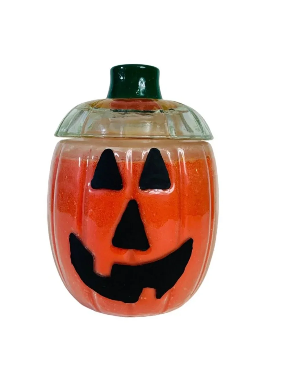 Halloween Glass Pumpkin Candle Glass VTG Jack O Lantern Jar Airtight Lid Decor